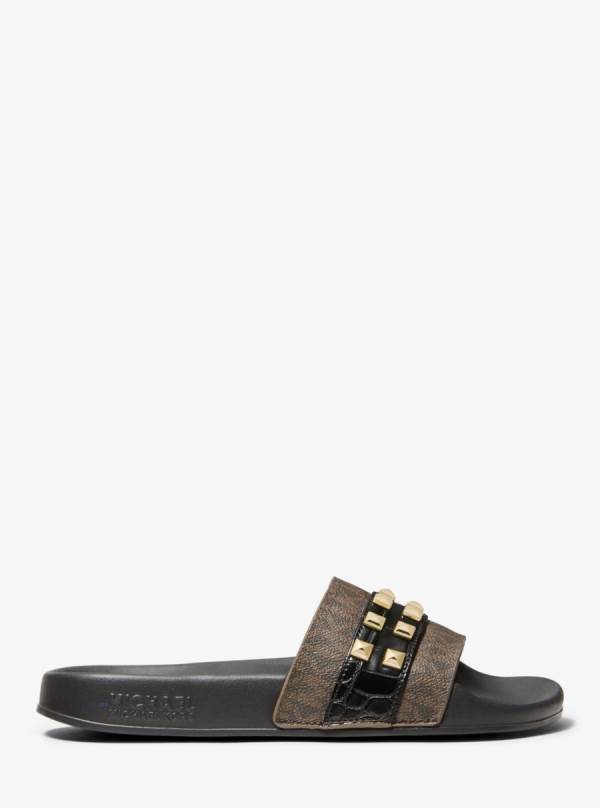 Damske Slapky Michael Kors Brandy Studded Logo and Embossed Leather Hnede - Topanky Michael Kors Akcia | FEURJ-5628